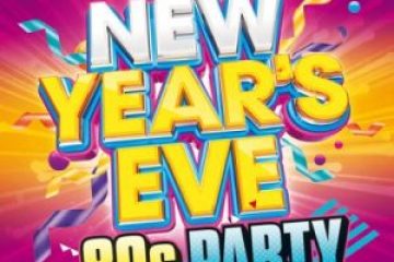 Colorful poster with text: 'New Year's Eve 80s Party' and confetti on a vibrant background.